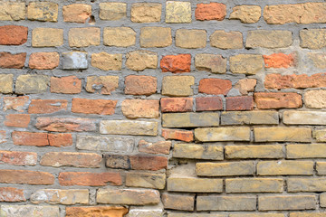 Red Clay Brick Wall Old Texture. Grungy Brickwall Horizontal Background. Vintage Brickwork Backdrop. Red Stonewall Surface. Broken Retro Wall Structure. Retro Grungy Brown Damaged Building Facade