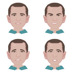 Male portrait for avatar. Vector illustration isolated on white background. Funny character with emotions: sadness, joy, anger, surprise