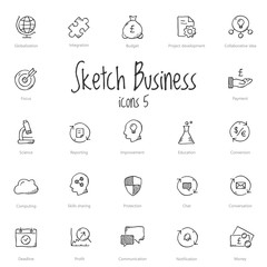 Set of black sketch business icons isolated on light background. - obrazy, fototapety, plakaty