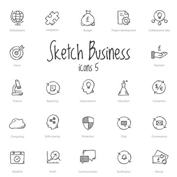 Set of black sketch business icons isolated on light background.