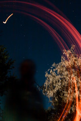 Abstract Drawing Flaming Trails Night Performance with an Ursa Major constellation on the background in the middle of the summer in Crimea, Ukraine, 2013
