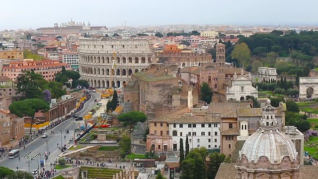 Aerial View of Rome and Colosseum from the palace of Vittorio Emmanuelle