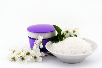 Fototapeta na wymiar Cosmetic sea salt on a white background, products for face and body care 
