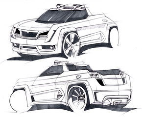 Sketch by hand of a vehicle with increased terrain. Illustration.