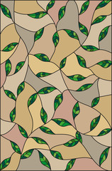 Illustration in the style of stained glass with green leaves  on a brown background