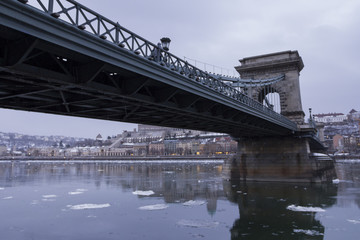 Chain bridge in winter Budapest
