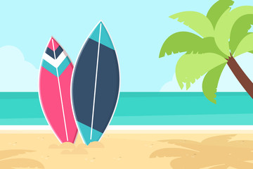 Fototapeta na wymiar Surfboards and Palm Tree on the Beach. Flat Design Style. 