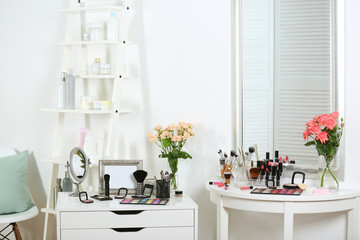 Set of decorative cosmetics at beauty salon