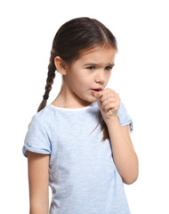 Cute little girl with allergy on white background