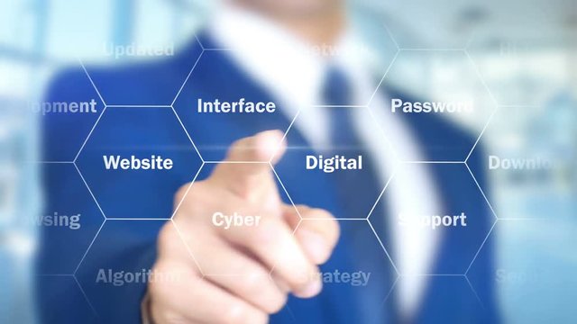 Web Business, Man Working on Holographic Interface, Visual Screen