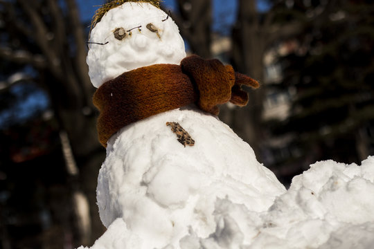 Snowman in the parc with glasses and scarf.