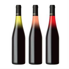 Set of white, rose and red wine bottles isolated on white background, realistic vector illustration