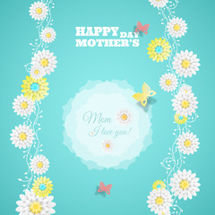 Vector greeting card of Happy Mother's Day on the gradient turquoise background with curly branches of flowers, butterflies of different colors and text.