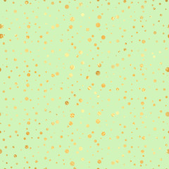 Gold circle seamless pattern. Abstract gold geometric modern background.Gold dots. Vector illustration. Shiny backdrop. Texture of gold foil. Art deco style. Polka dots, confetti.