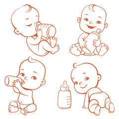 Set with cute little baby with bottle of milk. Little baby drink milk. Happy newborn eating. Sleeping, crawling, smiling baby in diaper. Child feeding symbol. One color line art vector illustration.