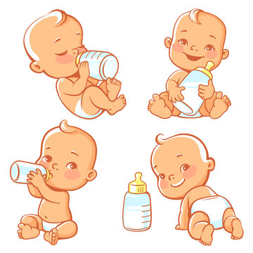 Set with cute little baby with bottle of milk. Baby boy or girl in diaper  holding bottle. Newborn nutrition. Happy child drink milk. Emblem for  formula or milk. Feeding newborn. Vector illustration.