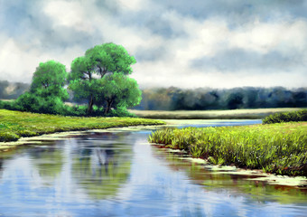 Fototapeta na wymiar Landscape. River oil digital paintings.Art.