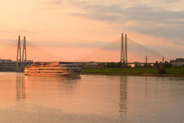 Fototapeta na wymiar Cable-stayed bridge at sunset.