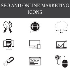 SEO and internet line and full icons set, outline and solid vect