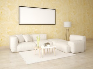 Mock up a classic living room with a light corner sofa on a background of yellow decorative plaster.