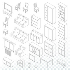 Modern  design in isometric style. Home furniture set, living room, bedroom. Graphic isometric design elements on isolated transparent background 