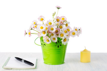 Daisy flowers in a pot with notebook