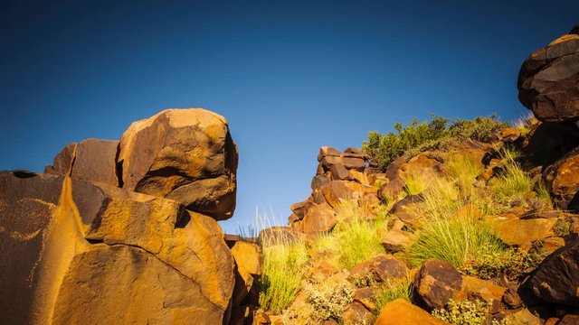 Linear timelapse of a Bushman engraving at sunset on a large dark rock up on a hill with lots of grass and smaller rocks, against a blue sky, from day to night available on request.
