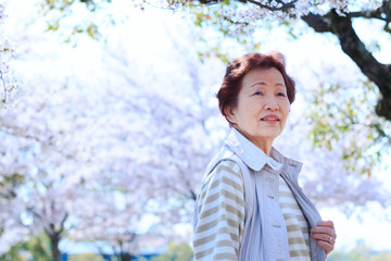 屋外を散歩しているシニア女性