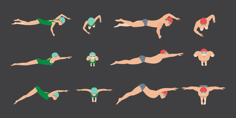 Vector illustration of swimming style scheme different swimmers man and woman in pool sport exercise.