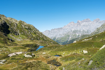 Fototapeta na wymiar Hügelige Alpen Landschaft mit kleinem Alpsee auf dem Sustenpass mit Blick zu den Wendenstöcken an einem sonnigen Tag mit blauem Himmel