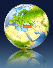 Turkey on globe with reflection