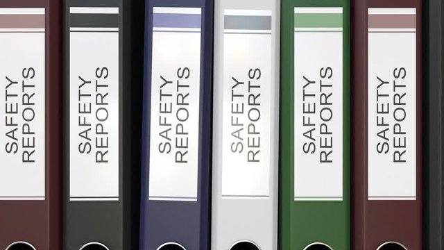 Multiple office folders with Safety reports text labels 3D rendering