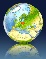Poland on globe with reflection