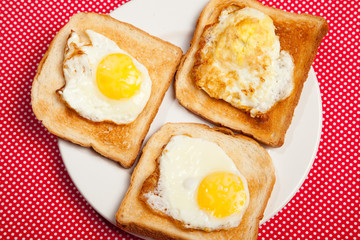 Toasts and eggs on a plate on a red table