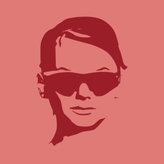 Portrait of beautiful woman in black sunglasses. Short hair. Vector version. Front view