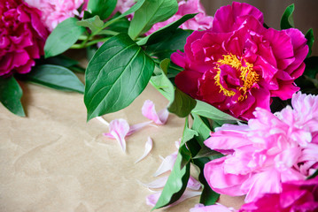 View from above of close-up pink and red cut peonies on kraft paper background