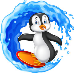 Naklejka premium Pingwin kreskówka surfing
