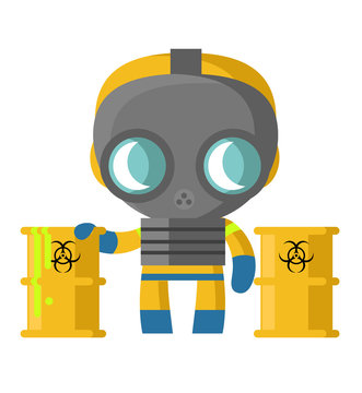 toxic waste leak cans man fixing with biohazard suit