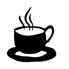 black silhouette hand drawn of hot coffee cup on dish vector illustration