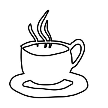 monochrome contour hand drawn of hot coffee cup on dish vector illustration