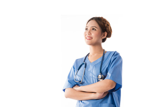 Female Asian nurse on white background
