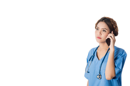 Asian Female Medical Nurse Using Smart Phone  On White Background