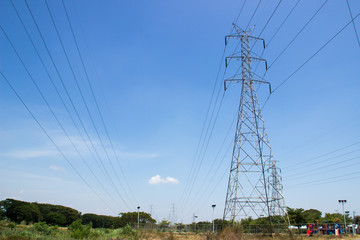 high voltage post.High-voltage tower sky background.