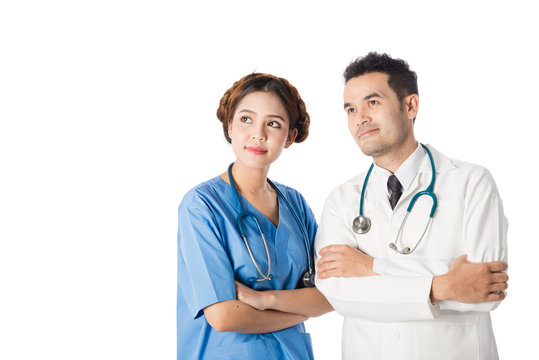Asian male medical doctors and nurse on white background