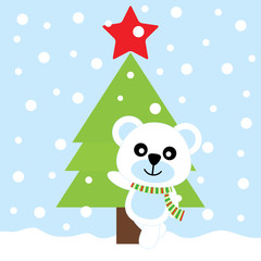 Xmas card with cute bear and Xmas tree vector cartoon, Xmas postcard, wallpaper, and greeting card, vector illustration