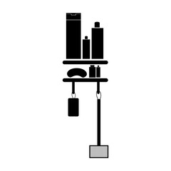 monochrome silhouette of shelf with beauty products in bath vector illustration