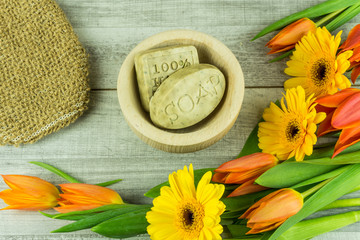 Handmade lavender soap with tulips and other accessories