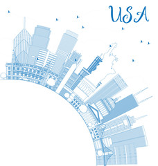 Outline USA Skyline with Blue Skyscrapers, Landmarks and Copy Space.