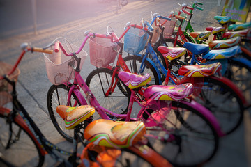 A rental bicycles stand in a row on a parking