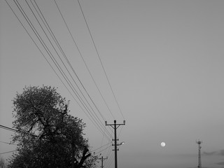 Aufgehender Mond über den Strommasten und Stromleitungen an der Dorfstraße im Dorf Maksudiye bei...